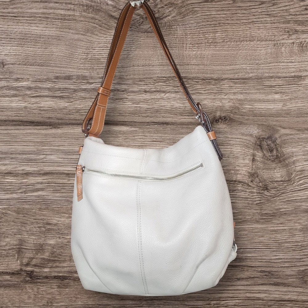 #15064 Coach Alex White Pebbled Leather Bucket Shoulder Bag w Tan Buckle Strap